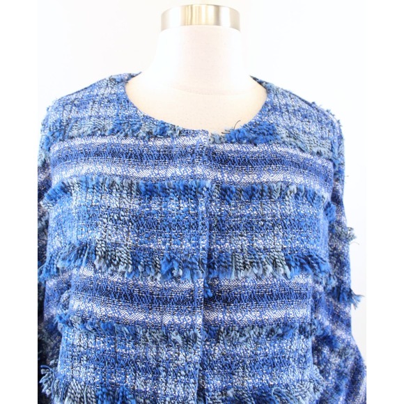 NWT J McLaughlin Linden Blue Striped Tweed Fringe Bell Sleeve Jacket Size L - Picture 3 of 10